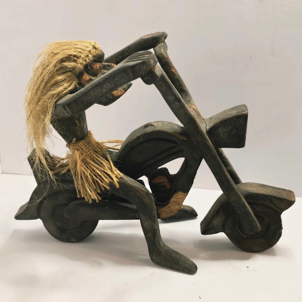 Vintage Tiki Man Motorcycle Wood Hand Carving Folk Art Crazy Biker Statue 9”